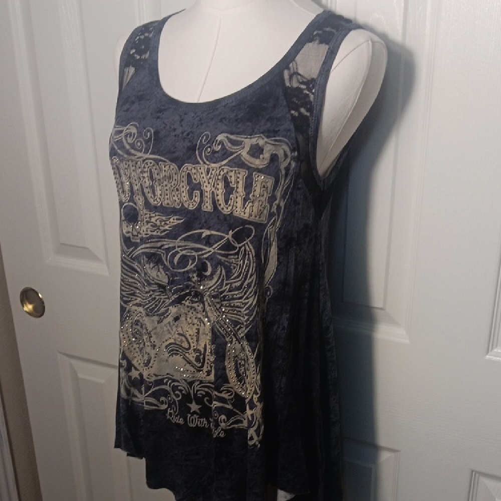 NEW! Vocal Motorcycle Charcoal Graphic Tank Top With Lace Details & Embellished - Picture 6 of 13